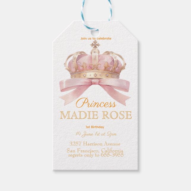 Rosa Prinsessa Krona Sagolik Födelsedag  Presentetikett (Framsidan)