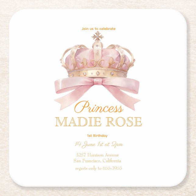 Rosa Prinsessa Krona Sagolik Födelsedag  Underlägg Papper Kvadrat (Framsidan)
