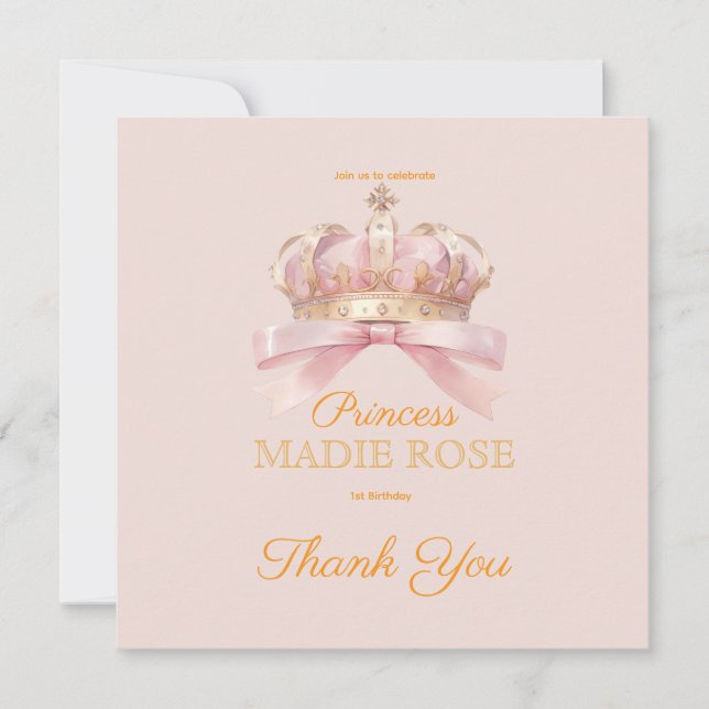 Rosa Prinsessa Krona Sagolikt Födelsedag Tack Kort (Framsida)