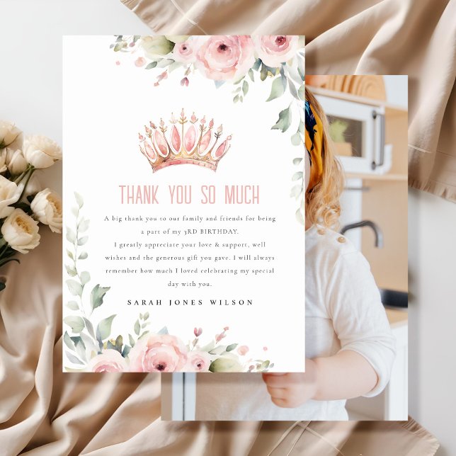 Rosa prinsessa krona tiara blommig foto födelsedag tack kort (Skapare uppladdad)