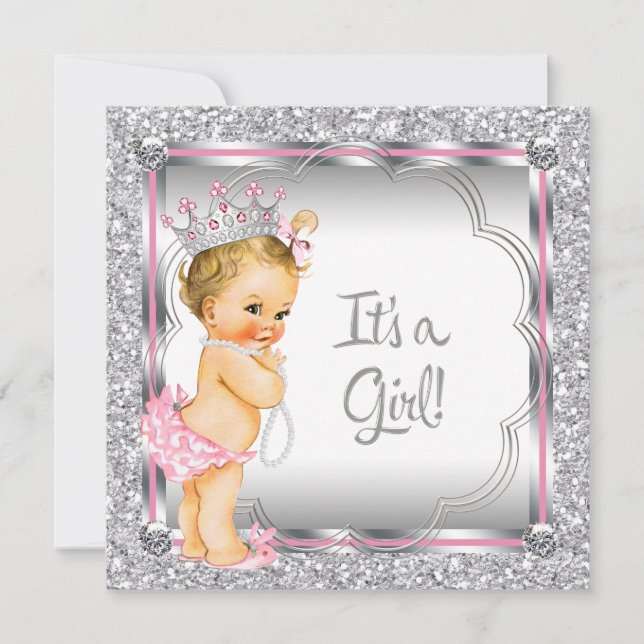 Rosa prinsessa pärlor baby shower inbjudningar (Framsida)
