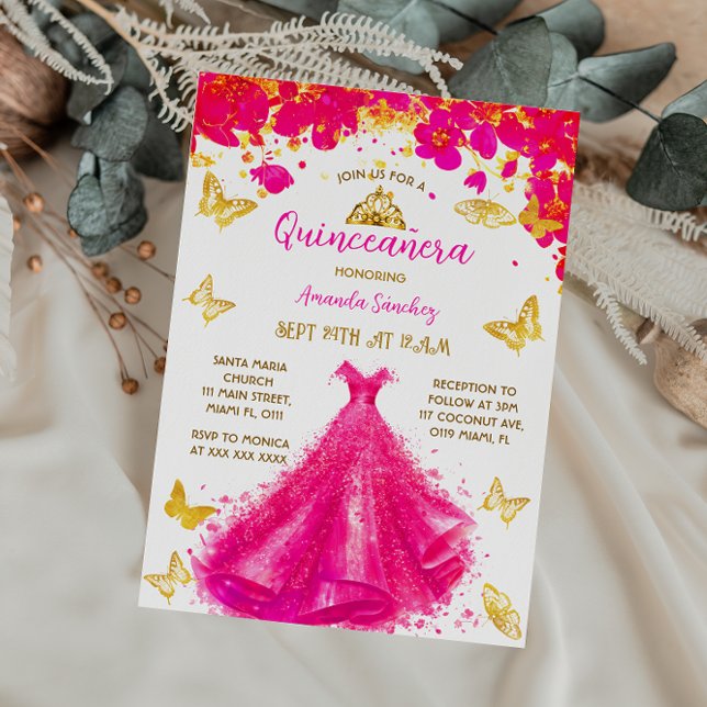 Rosa prinsessa Quinceanera blommig Inbjudningar (Skapare uppladdad)