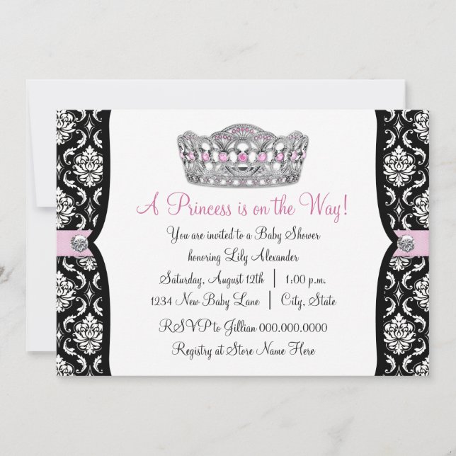 Rosa prinsessa rosa svart damask baby shower inbjudningar (Framsida)