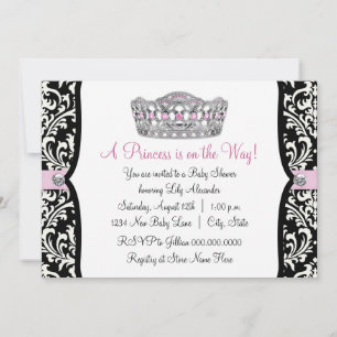 Rosa prinsessa rosa svart damask baby shower inbjudningar