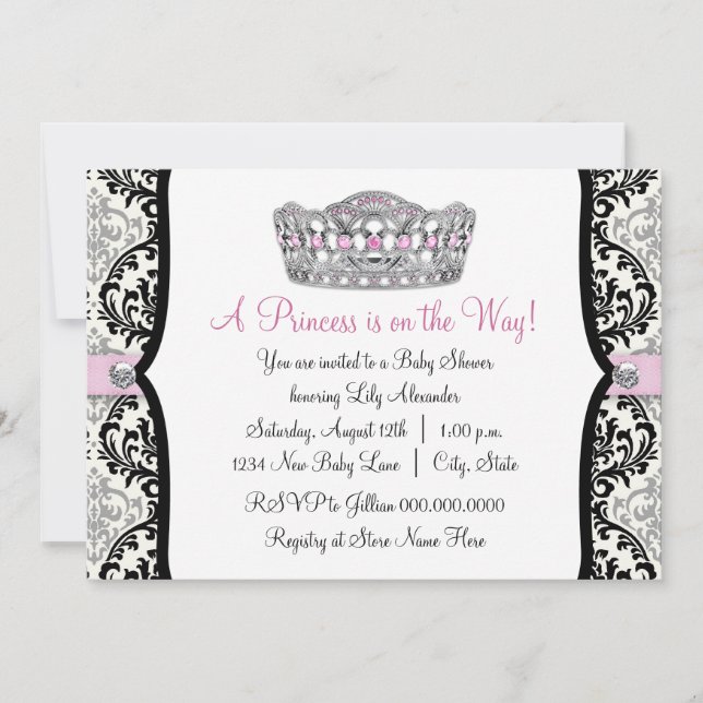 Rosa prinsessa rosa svart damask baby shower inbjudningar (Framsida)