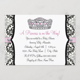Rosa prinsessa rosa svart damask baby shower inbjudningar