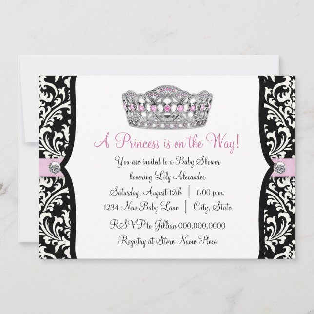 Rosa prinsessa rosa svart damaskus baby shower inbjudningar (Framsida)