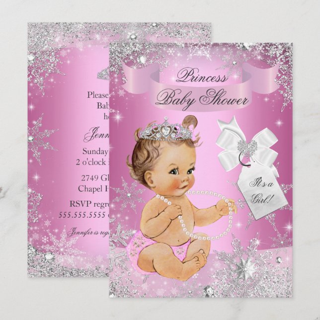 Rosa prinsessa snöflinga baby shower inbjudan (Fram/baksida)
