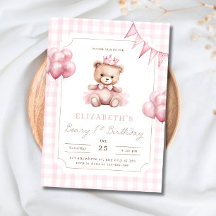 Rosa prinsessa teddybjörn Beary 1-års födelsedag Inbjudningar