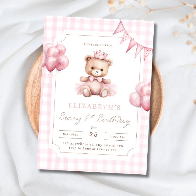 Rosa prinsessa teddybjörn Beary 1-års födelsedag Inbjudningar (Skapare uppladdad)