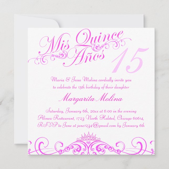 Rosa prinsessa tiara Quinceanera inbjudan (Framsida)