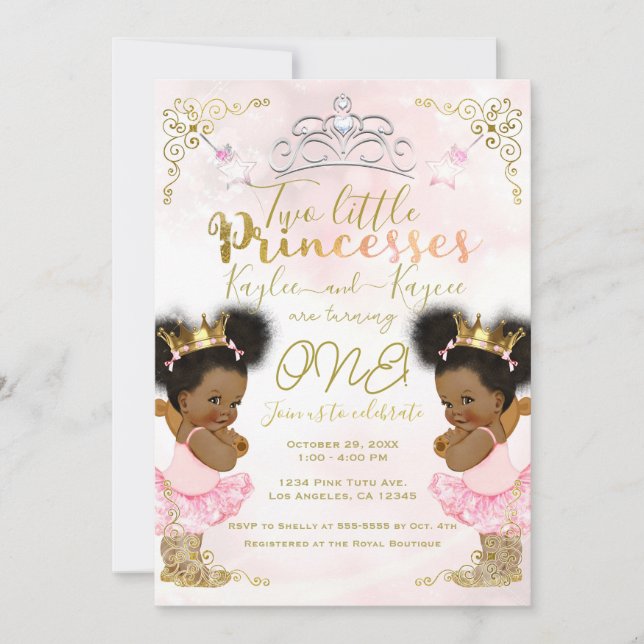 Rosa Prinsessa Tutu Krona Tvilling Mörk Hy Födelse Inbjudningar (Framsida)