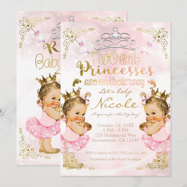 Rosa prinsessa Tutu & krona tvillingflickor bebis  Inbjudningar (Fram/baksida)