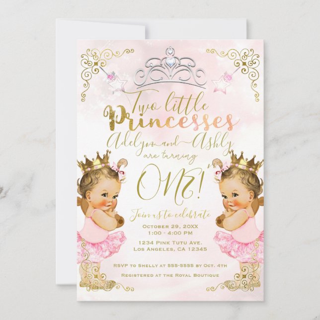 Rosa prinsessa tutu & krona tvillingflickors födel inbjudningar (Framsida)