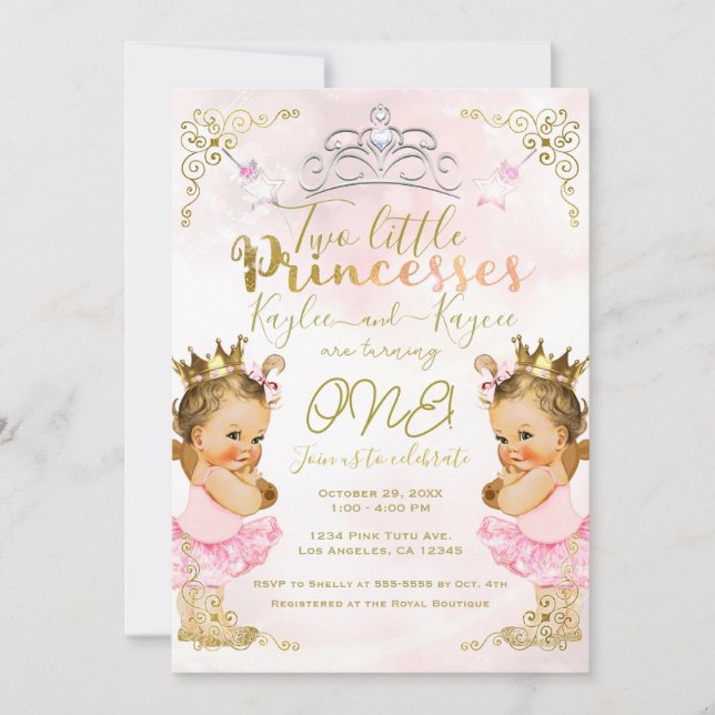 Rosa prinsessa tutu & krona tvillingflickors födel inbjudningar (Framsida)