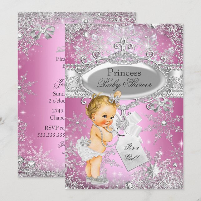Rosa prinsessa Vinterundret baby shower Blond Inbjudningar (Fram/baksida)