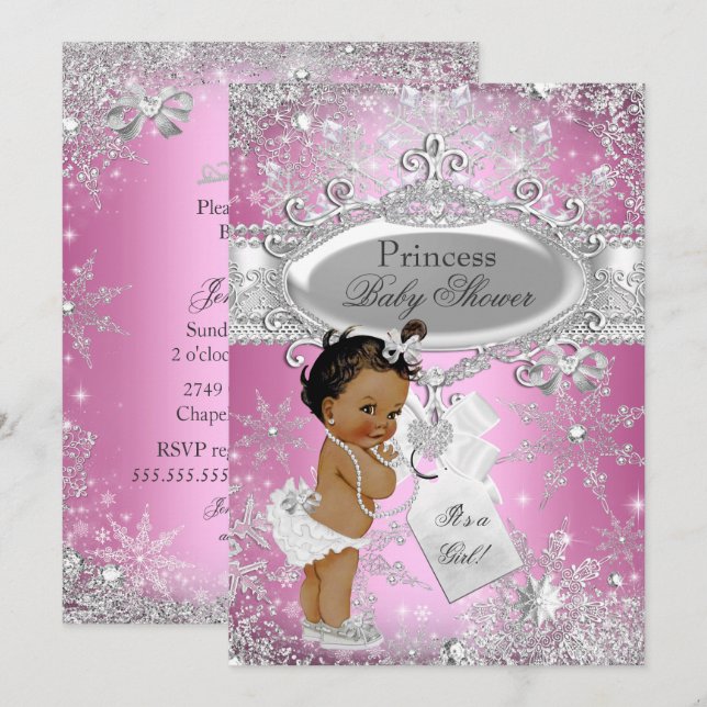Rosa prinsessa Vinterundret Baby Shower Etnisk Inbjudningar (Fram/baksida)