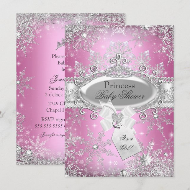 Rosa prinsessa vintervonderland bebyshower-inbjuda inbjudningar (Fram/baksida)