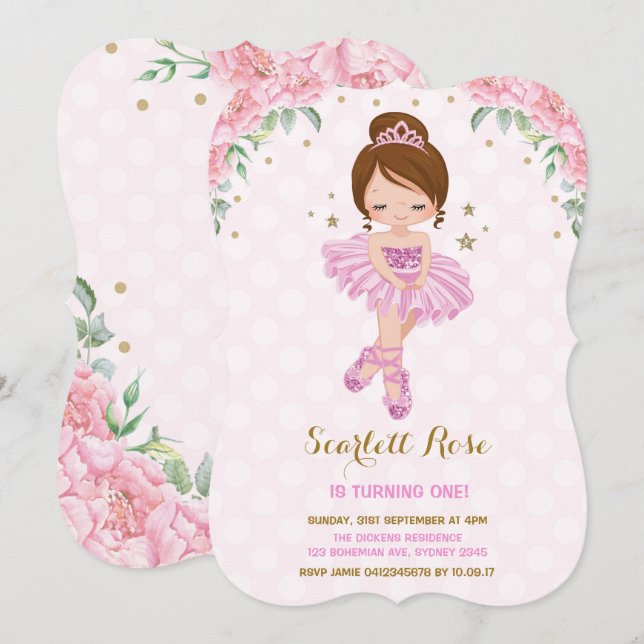 Rosa Prinsessan Ballerina Birthday Inbjudan Tutu P (Fram/baksida)