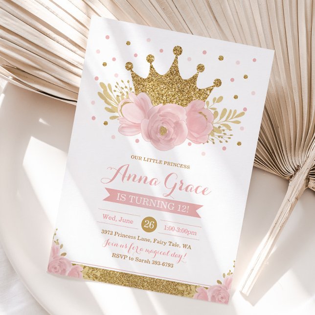 Rosa prinsessans sagokronans festinbjudan  inbjudningar (Princess Girl Birthday Invitation)