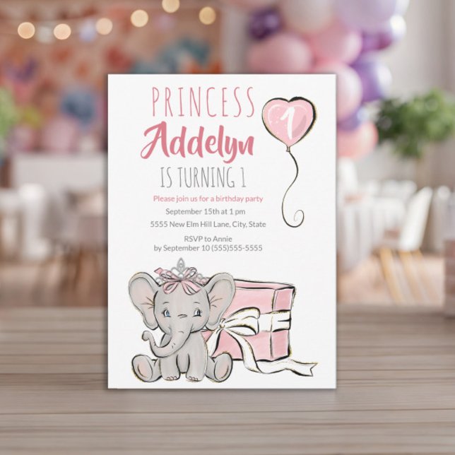 Rosa prinsesselefant Barnets 1-års födelsedagsfest Inbjudningar (Baby elephant little girl's 1st birthday invitation)