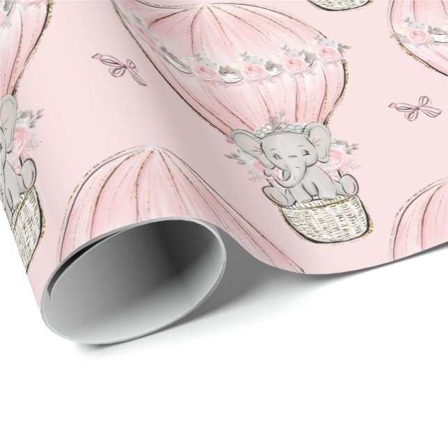 Rosa prinsesselefant varmluftsballong  presentpapper (Rullad Hörn)