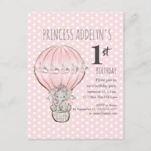 Rosa prinsesselefanten ballongprickar 1-årsdag inbjudan vykort