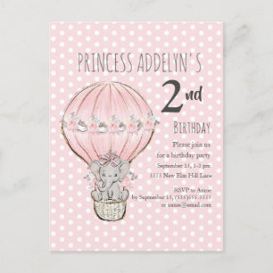 Rosa prinsesselefantsballong prickar 2-års födelse inbjudan vykort