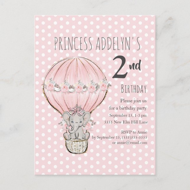 Rosa prinsesselefantsballong prickar 2-års födelse inbjudan vykort (Framsida)