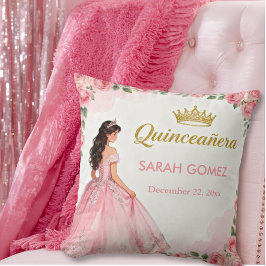 Rosa prinsessklänning guldtiara Quinceañera Kudde