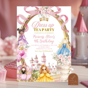 Rosa prinsessklänning tea party födelsedag inbjudningar