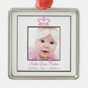 Rosa prinsesskrona babyflicka fotoornament julgransprydnad metall