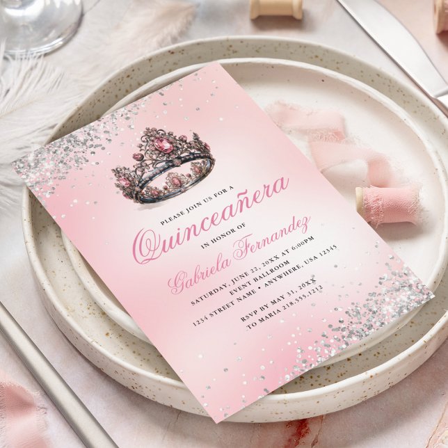 Rosa prinsesskrona Quinceañera 15-årsdag Inbjudningar (Skapare uppladdad)