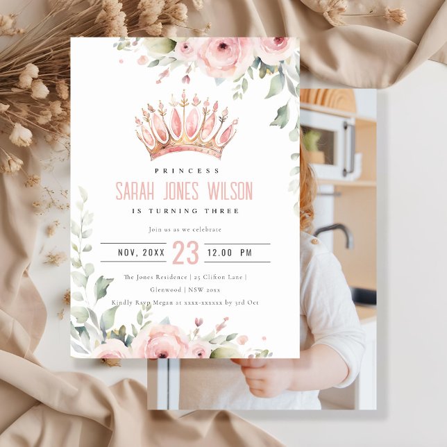 Rosa prinsesskrona Tiara Blommig Foto Födelsedag Inbjudningar (Skapare uppladdad)