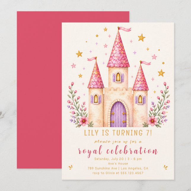 Rosa Prinsesslott 7-års Födelsedagsinbjudan Inbjudningar (Fram/baksida)