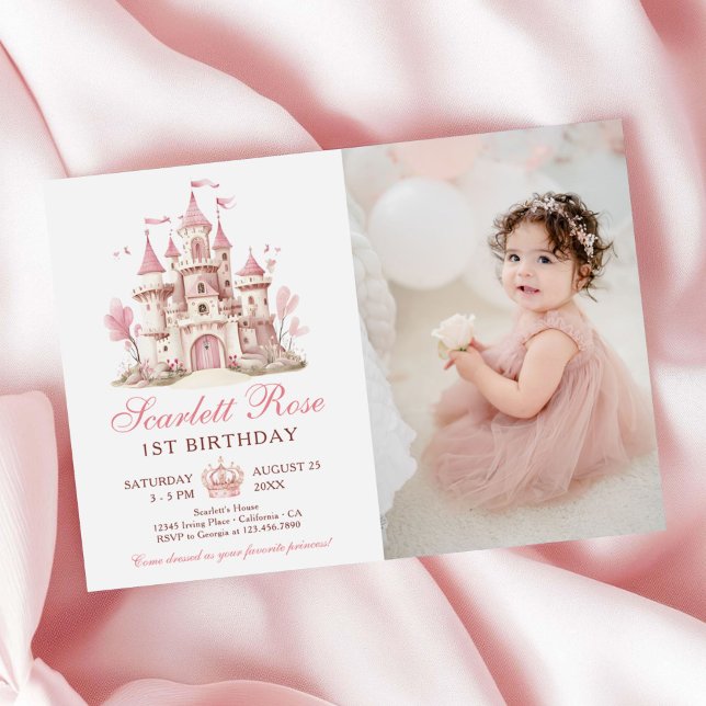Rosa prinsesslott blomster 1-års födelsedagsfoto inbjudningar (Skapare uppladdad)