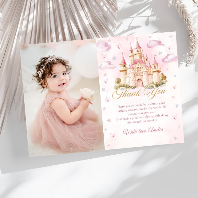 Rosa Prinsesslott Födelsedagsfoto Tack Kort (Skapare uppladdad)