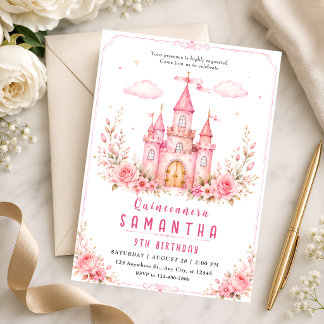 Rosa prinsesslott Quinceañera-inbjudan Inbjudningar