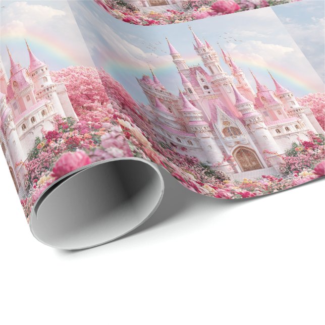 Rosa prinsesslott regnbågsmoln presentpapper (Rullad Hörn)