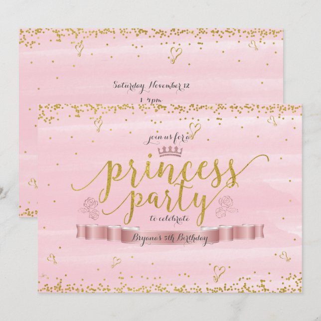 Rosa prinsessparty & guld födelsedagsinbjudningar inbjudningar (Fram/baksida)