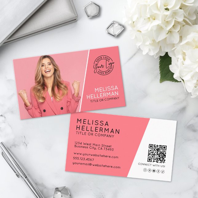 Rosa professionell foto QR-kod ditt logotyp Visitkort (Pink Professional Photo QR Code Your Logo Business Card)