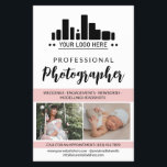 Rosa Professionell Fotograf din Logotyp Flygblad<br><div class="desc">Marknadsföring-flygare för en personlig för professionell fotograf med foton, logotyp, kontaktinformation, anpassningsbar och profilfoto i en charmig rosa-, svartvitt- och vit design. Fotografiflygare för kvinnlig och chic professionell i en ren design med rosa accent färg och en personlig för charmerande skript med din logotyp och foton för att visa din...</div>
