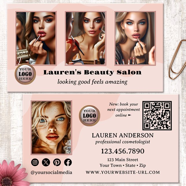 Rosa professionell fotoportfölj för skönhet visitkort (Beauty business card featuring your custom photo portfolio on a creative pink elegant design)