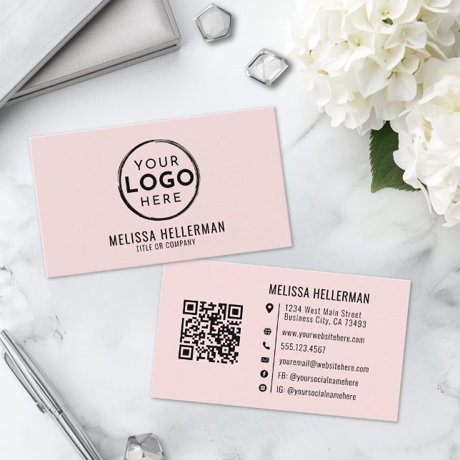 Rosa professionell logotyp QR-kod Visitkort (Blush Pink Professional Logo QR Code Business Card)