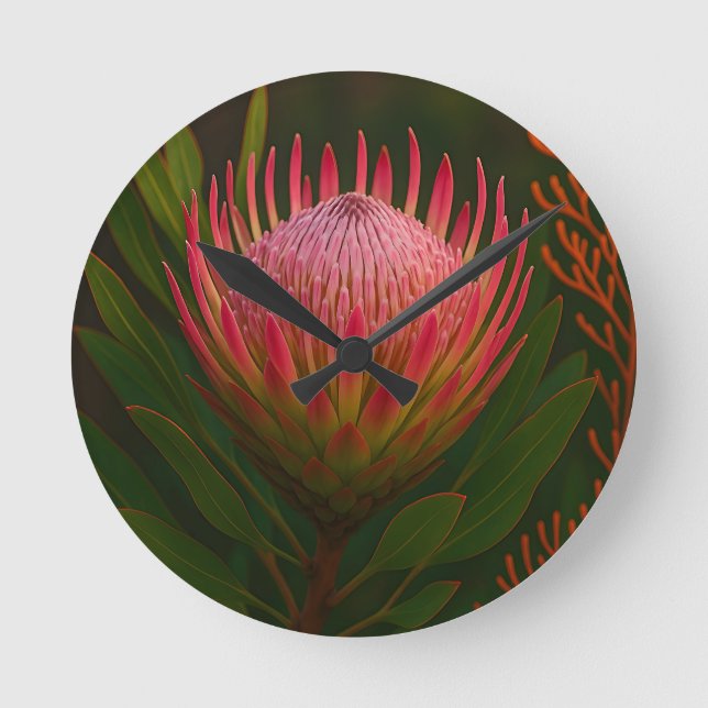 Rosa Protea Blomma Exotisk Blomning Rund Klocka (Framsida)