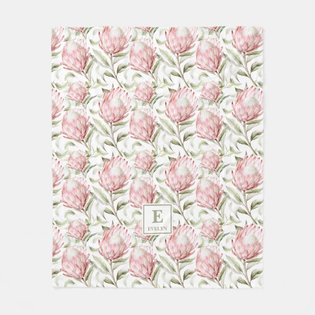 rosa Protea Blommig Monogram Fleecefilt (Framsidan)