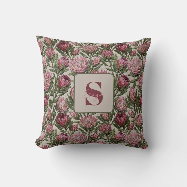 Rosa Protea Broderad Blommig Monogram Kudde (Framsida)