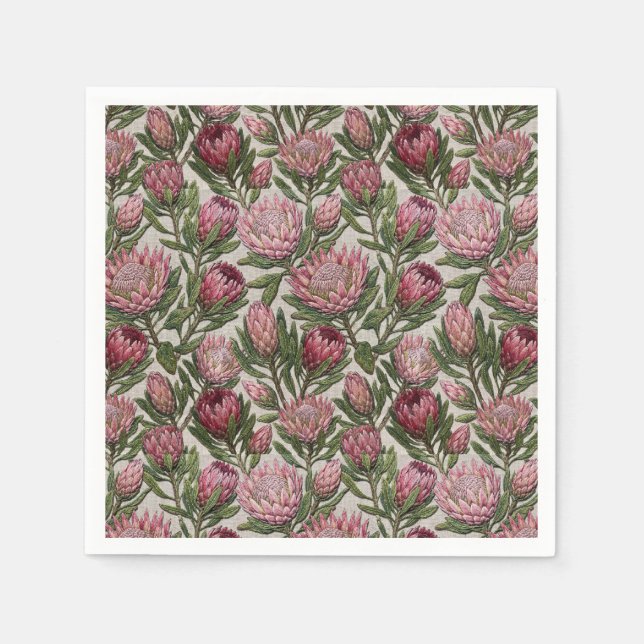 Rosa Protea Broderiliknande Botaniskt Mönster Pappersservett (Framsidan)