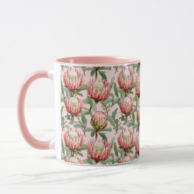 Rosa Protea Flowers Botaniskt Blommönster Mugg (Vänster)