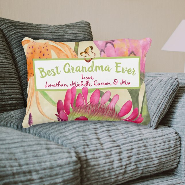 Rosa Protea Orange Lily Mors dag Dekorativ kudde (best grandma ever throw pillow with grandchildren's names, pink protea flower mother's day pillow)
